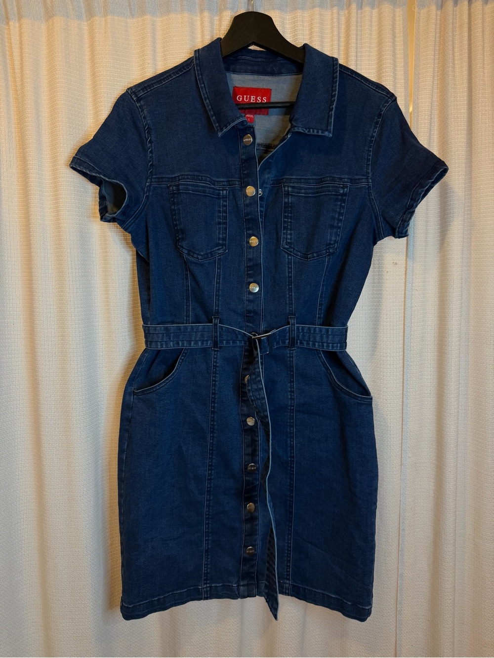 GUESS Women's Dark Blue Denim Shirt Dress with Belt y2k